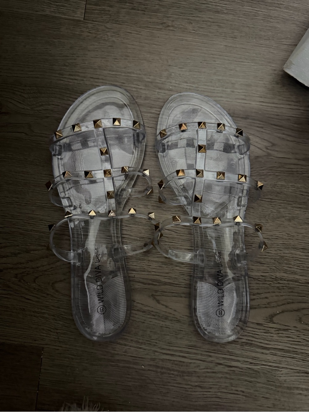 Wild Diva Transparent Slide Sandals with Gold Pyramid Studs